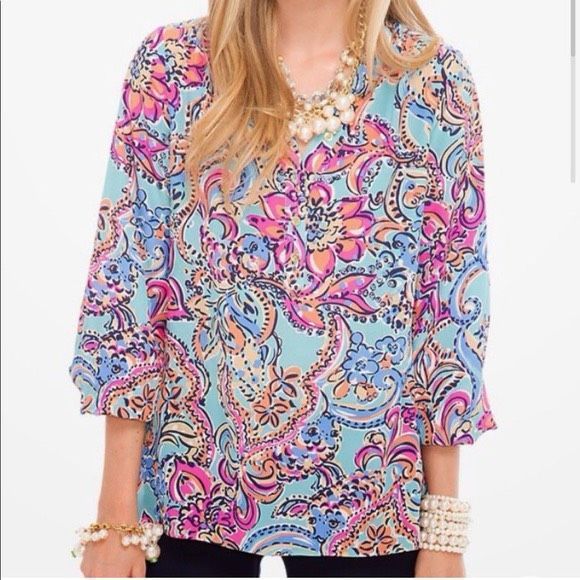Lilly Pulitzer Top Silk Alexandra Blouse Bait and Switch Aqua Size xs - Picture 1 of 6